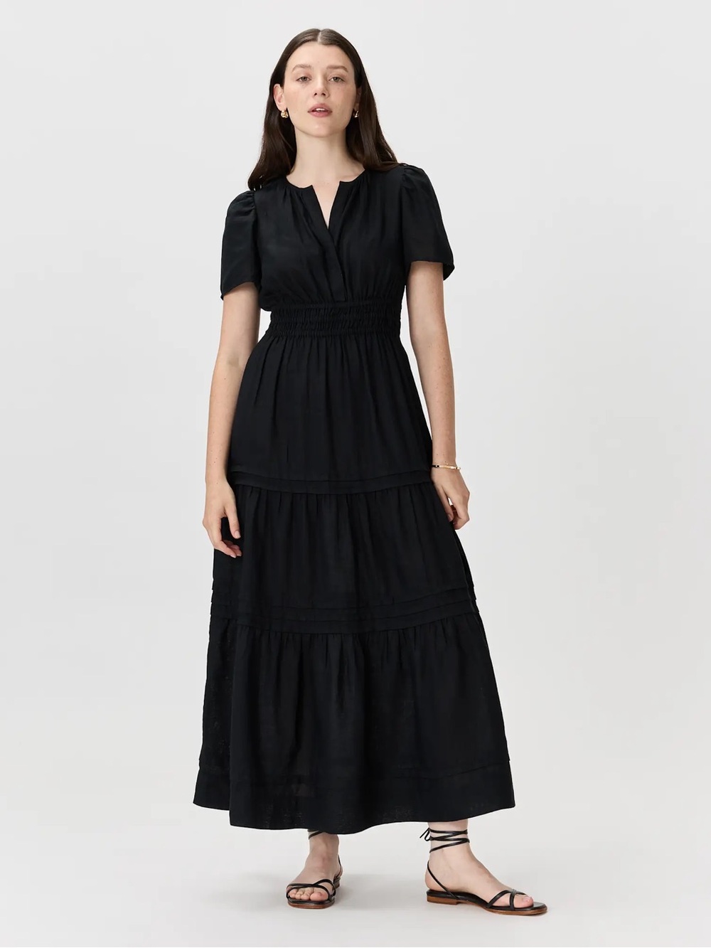 Quince 100% European Linen Tiered Maxi Dress Black Size L